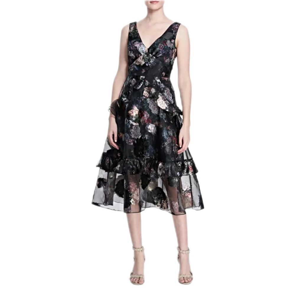 MARCHESA NOTTE | Ruffled Floral Fil Coupé Cocktail Dress – Size 4”